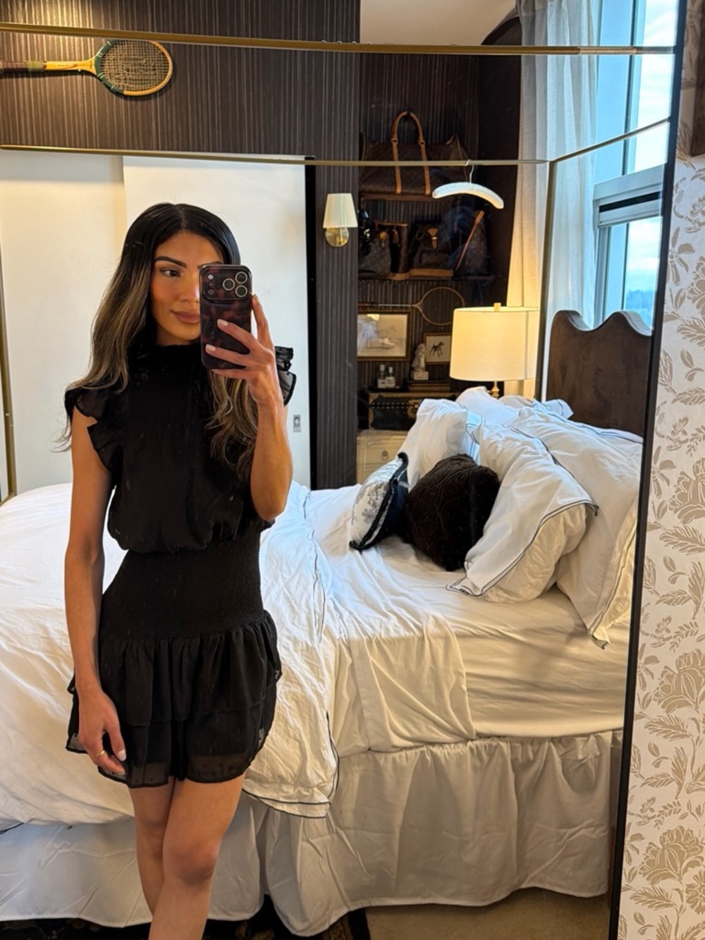 AQUA Black Smocked Ruffle Mini Dress